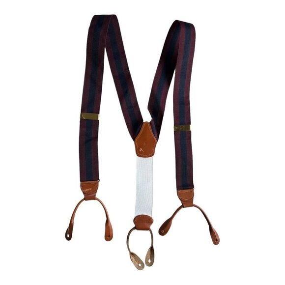Brooks Brothers Maroon Navy Stripe Adjustable Suspenders Silk Leather England - Picture 1 of 9